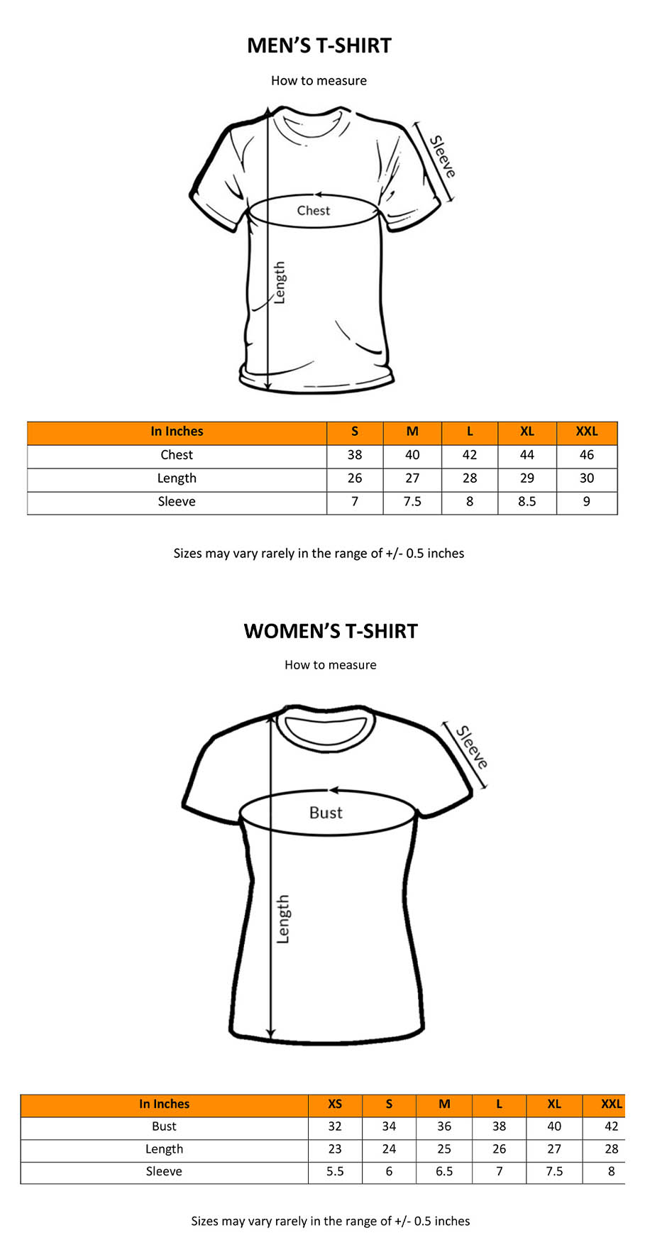 men and women Size chart