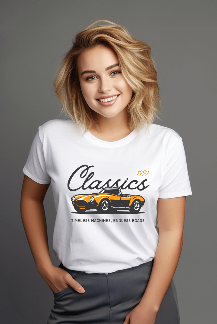 A woman wearing a white round neck tshirt with a classic car design