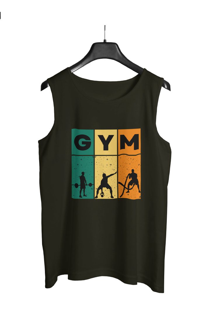 Premium 180 GSM sleeveless gym t-shirt in dark green with vintage color-block GYM print showcasing fitness silhouettes – Tiger Tees.