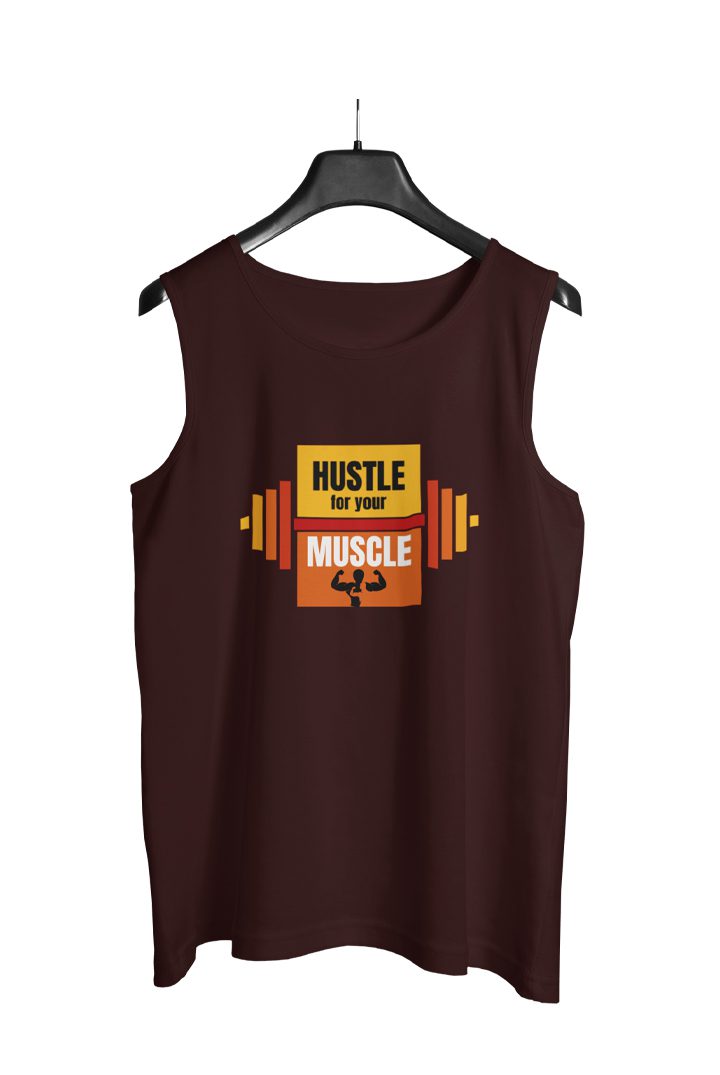 Men’s maroon sleeveless workout tee featuring bold Hustle For Your Muscle design with barbell icon, made from 180 GSM breathable fabric.